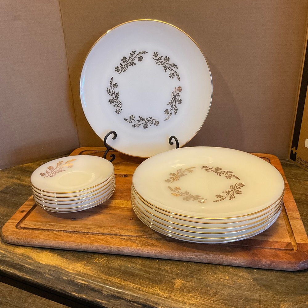 Fire King Gold Laurel Milk Glass Vintage 6 Plates, 6 Saucers, 1 Serving Plate